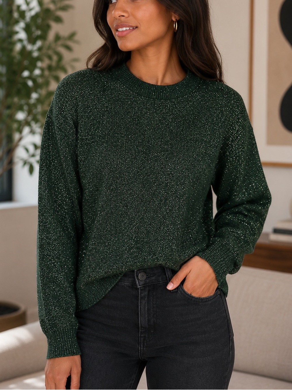 H&M Metallic Dark Green Knit Crewneck Sweater Stretchy Size S
